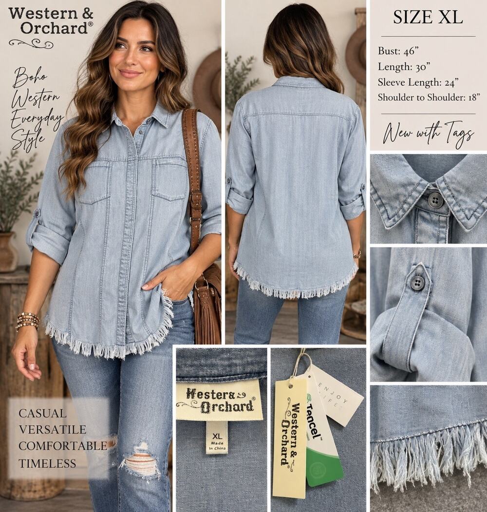 🆕Hester & Orchard Shirt Womens XL Chambray Fringe Hem Roll Tab Boho Western NWT